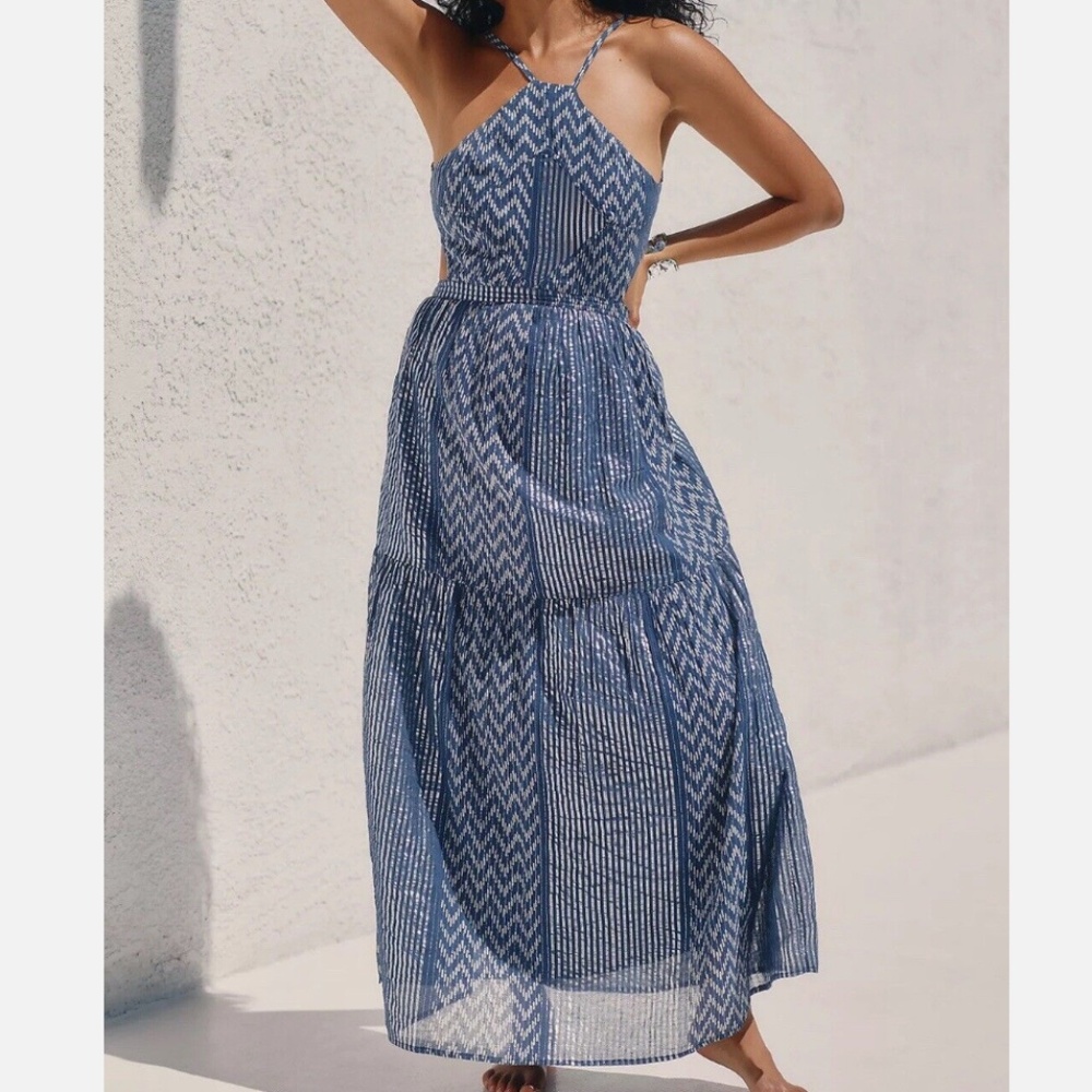 Anthropologie Mahila Reva Halter Maxi Dress Metallic Cobalt Blue/Purple Medium